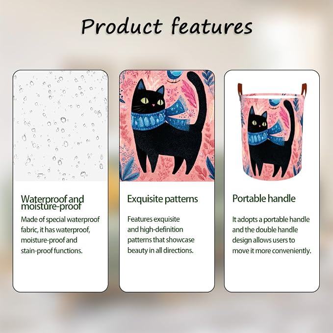 Laundry Baskets 15.7x19.7 Inch Large Black Cat Bird Floral Scarf Design - Image 2
