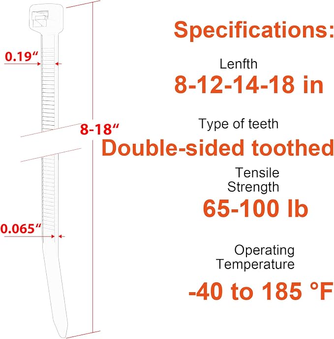 Zip Ties Assorted Size, 8+12+14+18 Inch Double Sided Toothed, 100 LBS Tensile - Image 2