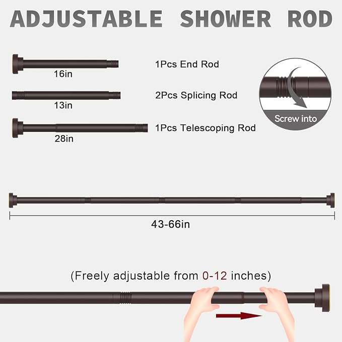Thestoa Brown Shower Curtain Rod Adjustable 43-66 inch, Anti-Rust Non-Slip - Image 5