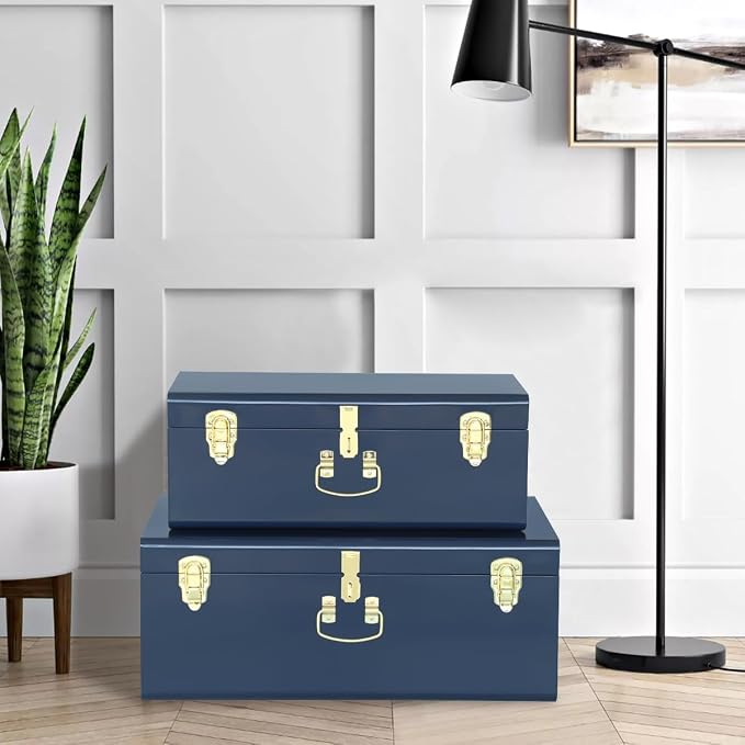 Vixdonos Decorative Large Metal Box Storage Trunk Chest Set of 2 College Dorm - Image 4