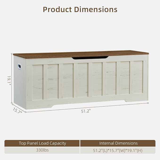 VANKILEY 51.2" Storage Chest Extra Large, Wooden Storage Bench, - Image 3