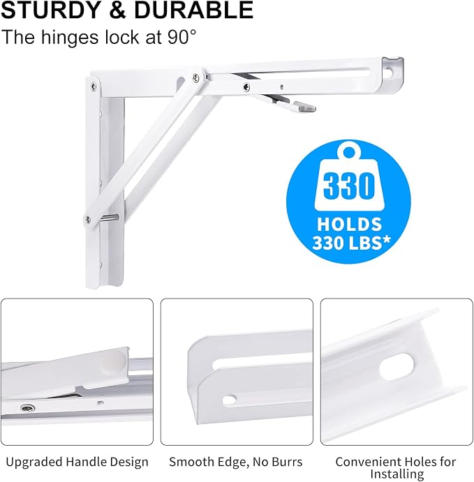 YUMORE Folding Shelf Bracket Heavy Duty, 12 Inch White Collapsible Shelf Bracket - Image 4