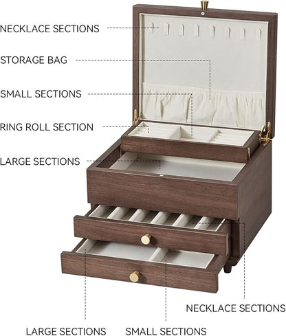 Wooden Jewelry Box, 3 Layer Large Jewelry Organizer - Image 3