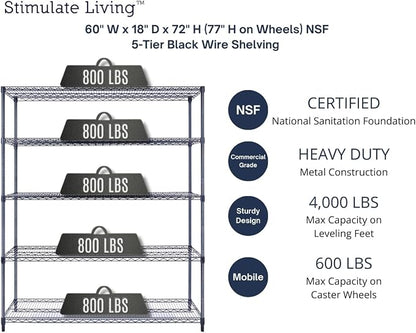 60"x18"x72" Prime Heavy Duty Black 5-Tier Wire Shelving NSF 4000 LBS MAX - Image 3