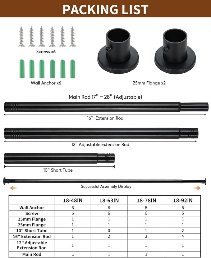 Closet Rods for Hanging Clothes, 18-92 Inch Stepless Adjustable Closet Rod - Image 5