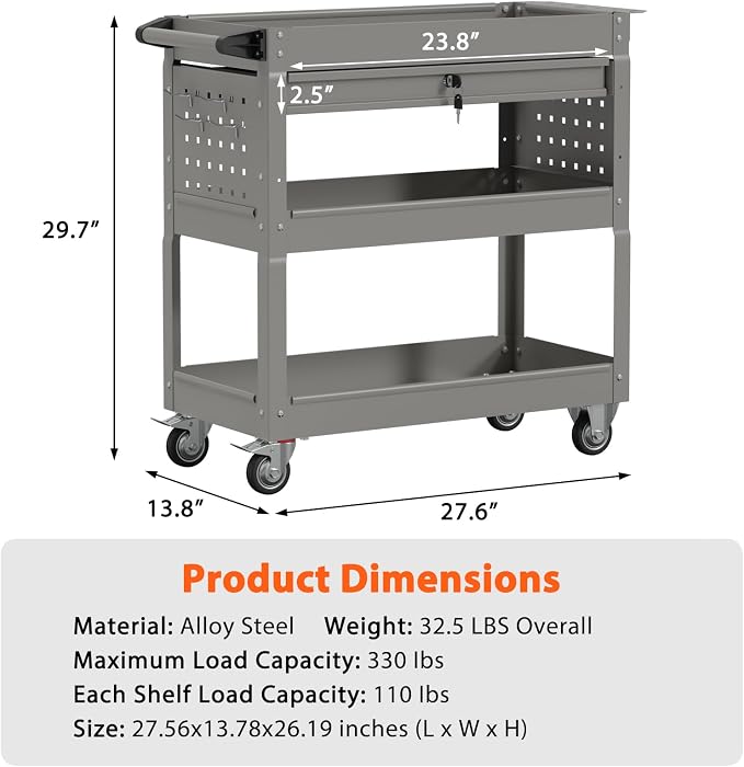 3 Tier Rolling Tool Cart with Drawers, Heavy Duty Utility Cart on Wheels - Image 7