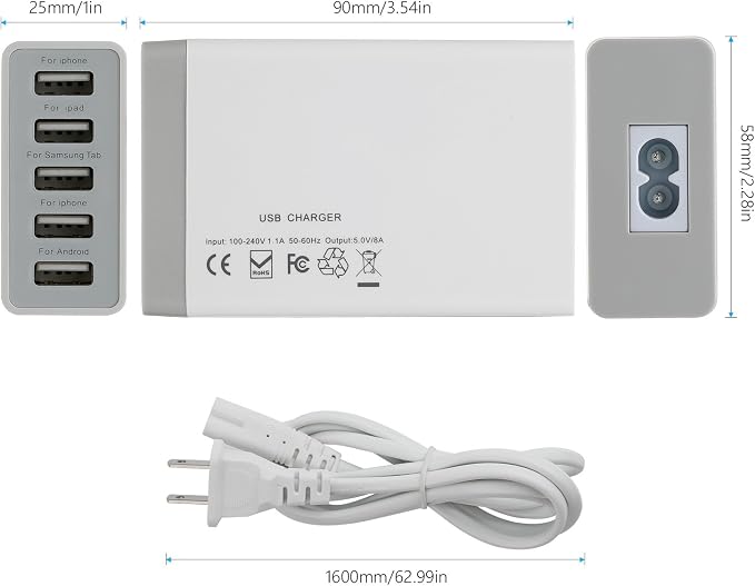 Desktop 5 Port USB Wall Charger 40W 8A, USB Hub Charging Station - Image 6