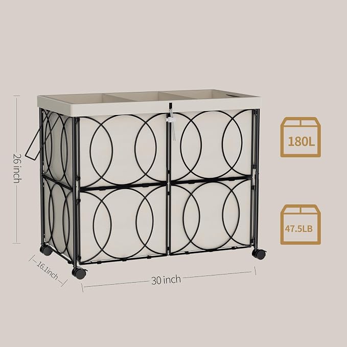 Laundry Hamper with 3 Section, Large 180L Rolling Laundry Basket with Wheels - Image 2