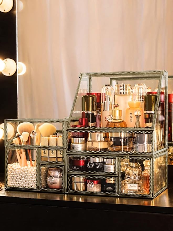 Hersoo Glass Antique Brass Stackable Drawer Set Makeup Organizer - Image 4