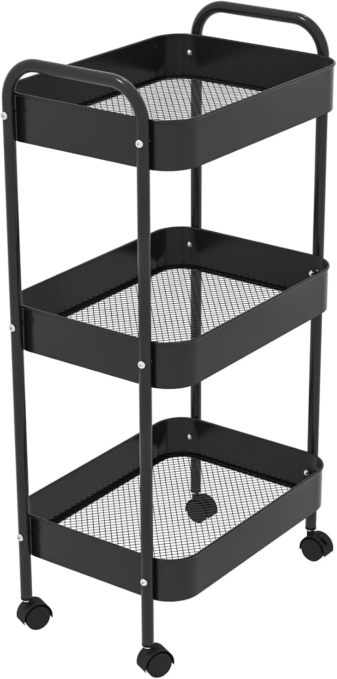 3-Tier Metal Utility Rolling Cart, Living Room, Movable Storage Organizer by Unknown