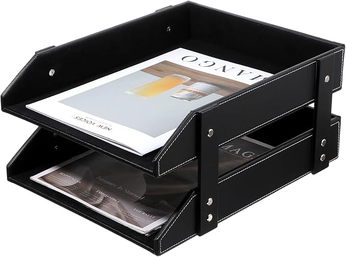 2-Tier Stackable Leather Desk Organizer, Letter Tray Holder by Unknown