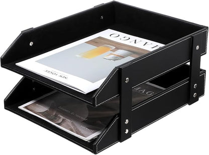 2-Tier Stackable Leather Desk Organizer, Letter Tray Holder by Unknown