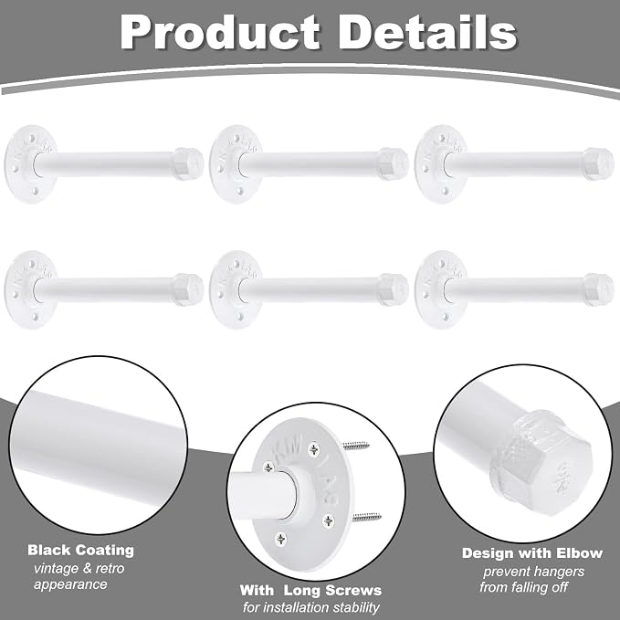 BTSKY 6 Pack Clothes Rack with Screws, 8 Inch Metal Industrial Pipe Clothes Bars - Image 8