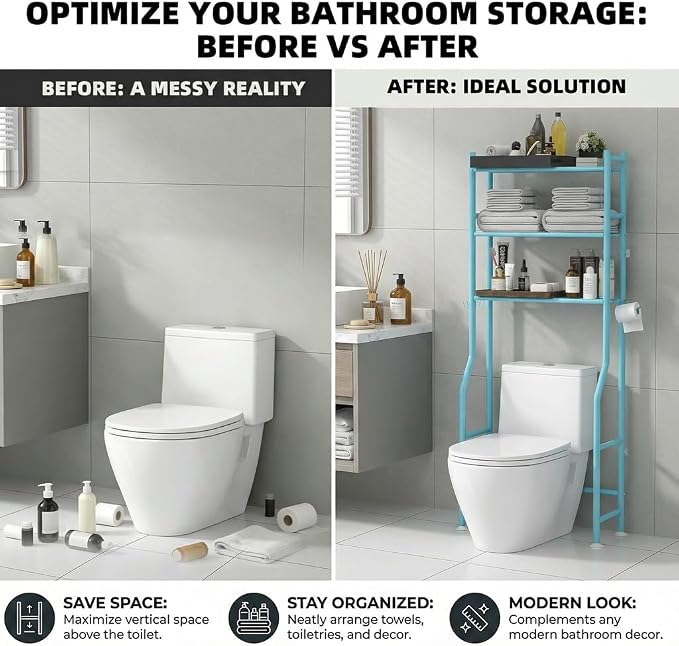 GloTika 3-Tier Over Toilet Storage, 150lb Capacity, Carbon Steel, Freestanding - Image 7