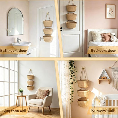 3-Tier Decorative Cotton Rope Hanging Basket, Wall-Mounted Woven Storage - Image 5