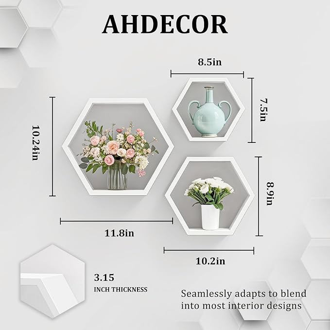 ZGZD Set of 3 White Wooden Hexagon Wall Shelves - Image 3