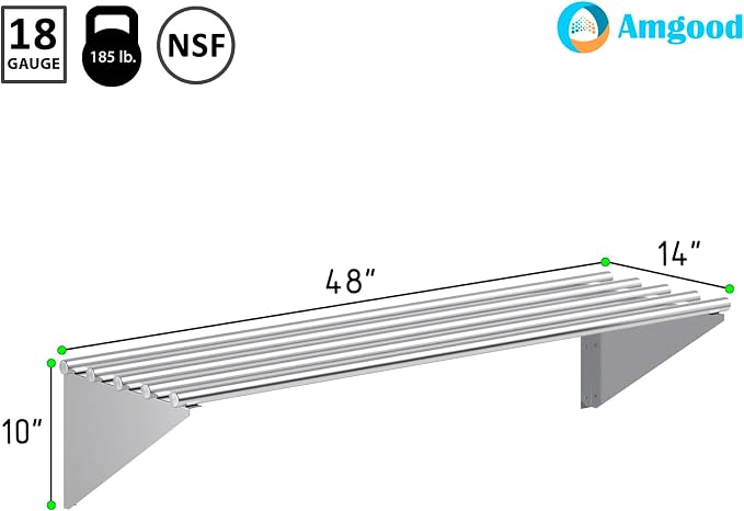 AmGood 14 in. x 48 in. NSF Stainless Steel Tubular Wall Shelf | Heavy-Duty - Image 3