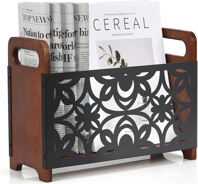 Magazine Holder, Oak Wood Magazine Rack Floor, Lotus Pattern | Rustic Magazine by QILICHZ