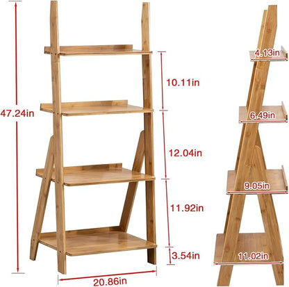 Maydear Bamboo Ladder Shelf Bookcase, 4-Tier Leaning Bookshelf Free Standing - Image 2