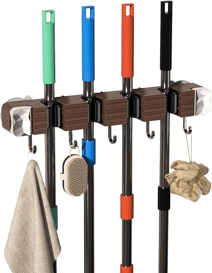 Suction Cup No Drilling Broom Holder Wall Mount, Walnut Color Mop Organizer by Unknown