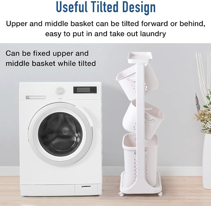 Japard 18 Gal Rolling Laundry Hamper Ultra Slim, Vertical 3 Sorter Cart - Image 4
