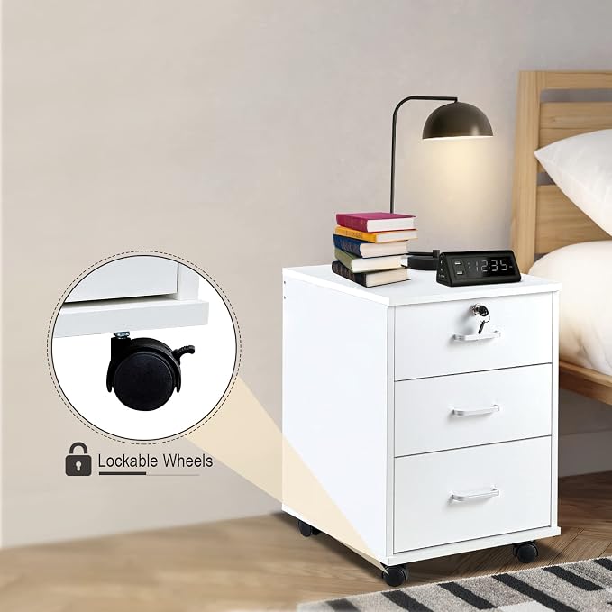 File Cabinet with Lock 3 Drawer Mobile Filing Cabinet with 360° Swivel Wheels - Image 5