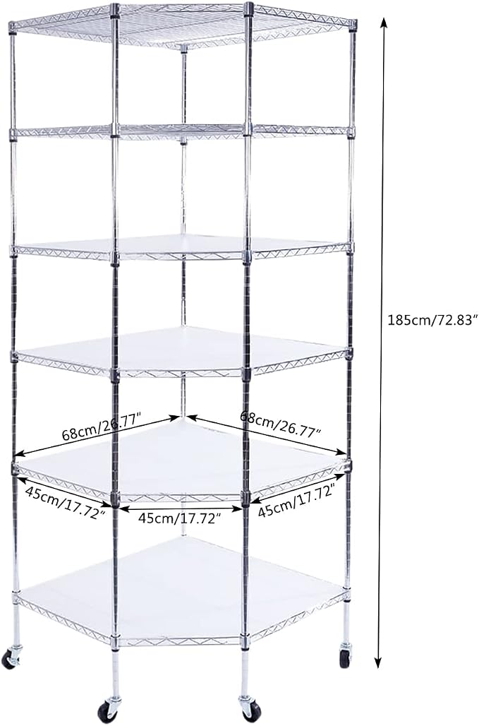 6 Tiers Polygonal Corner Shelf, Metal Storage Standing Rack w/Wheels, Wire - Image 3
