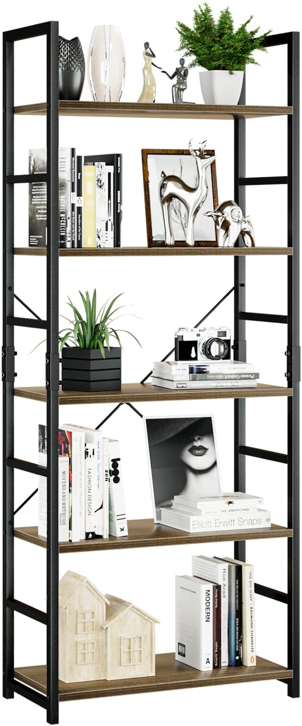 NUMENN 5 Tier Bookshelf, Tall Freestanding Open Storage Bookcase, Dark Walnut by NUMENN