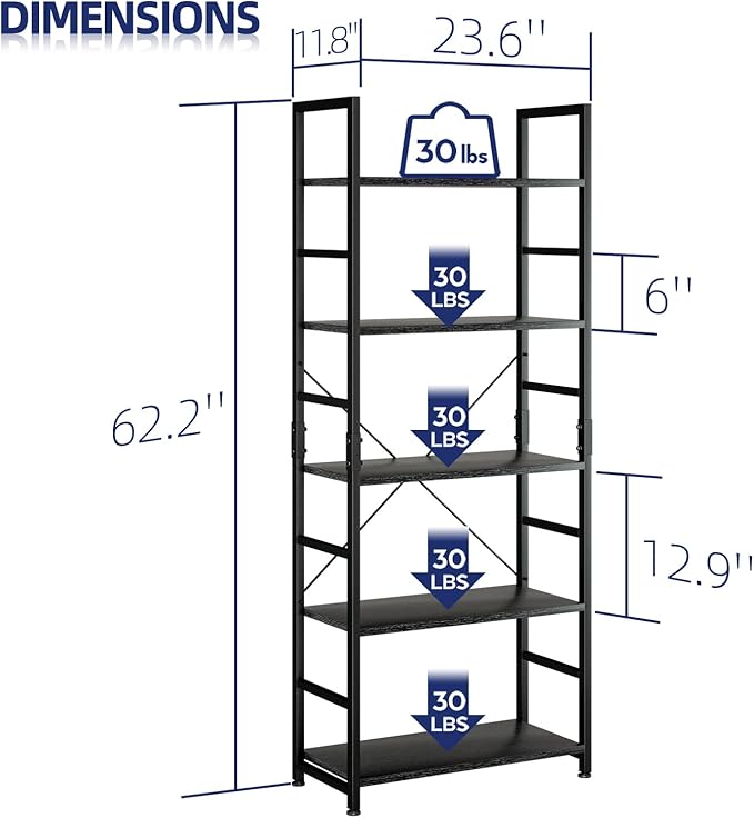 NUMENN 5 Tier Bookshelf, Tall Freestanding Open Storage Bookcase, Support Bars - Image 3