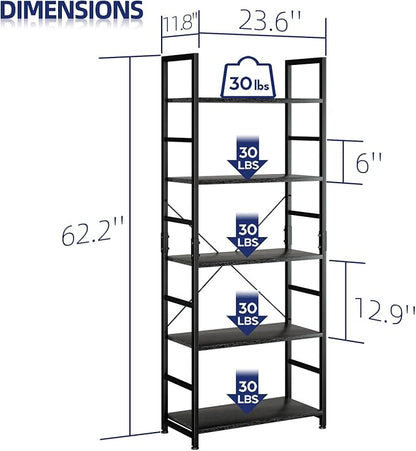 NUMENN 5 Tier Bookshelf, Tall Freestanding Open Storage Bookcase, Support Bars - Image 3