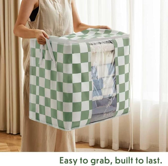 Green Checkered Clothes Storage Bins, 100L Large Blanket Storage Bags 3 Pack - Image 5
