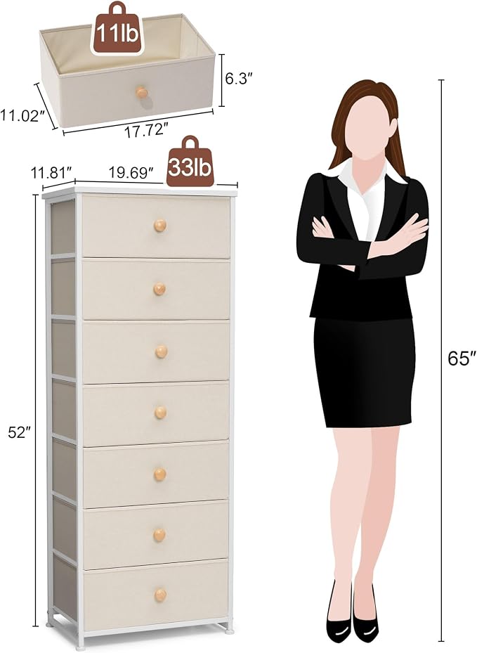 Fabric Dresser for Bedroom, 7-Drawer Tall Vertical Storage Tower | Wooden Top - Image 3