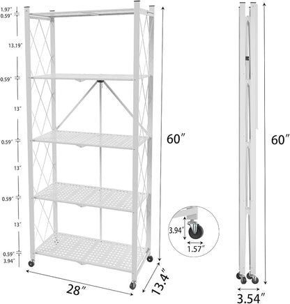 5 Tier Folding Shelf with Wheels, Metal Steel Collapsible Shelves, No Assembly - Image 3