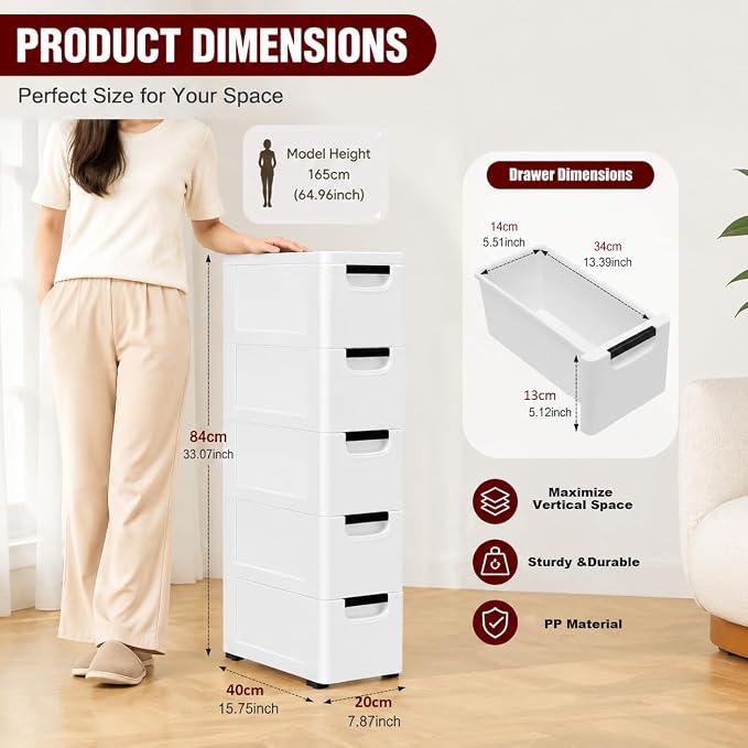 5 Drawers Narrow Slim Plastic Storage Cabinet, Storage Drawer - Image 2