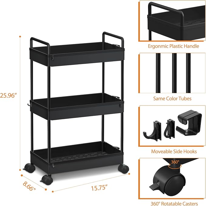 Ronlap 3 Tier Slim Rolling Storage Cart - Image 2