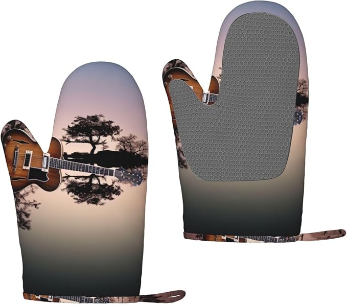 Reflection Guitar Print Oven Mitts Set of 2, Heat Resistant Silicone Oven by Unknown