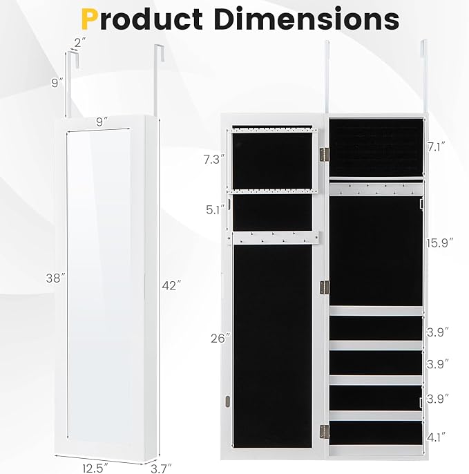 LOKO 42” Mirrored Jewelry Cabinet, Wall/Door Mounted Hanging Jewelry Armoire - Image 5