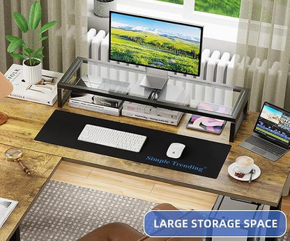 Simple Trending Dual Monitor Stand Riser, Tempered Glass Computer Desk Organizer - Image 2