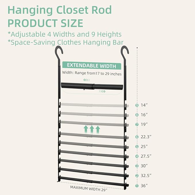 Closet Lower Hanging Bar, Adjustable Width and Height Closet Hanging Organizer - Image 3