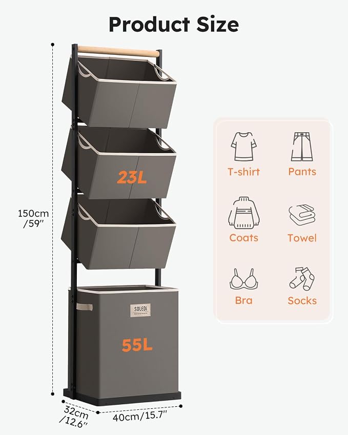 SOLEDI 4 Section Laundry Hamper Sorter, Stackable Laundry Basket Organizer - Image 7