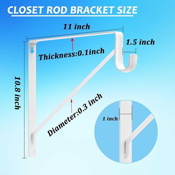 8 Pack Heavy Duty Closet Shelf Rod Brackets 11x11in, Wall Mount Closet Pole - Image 2