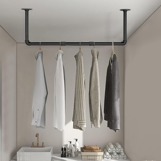 Industrial Iron Pipe Clothes Hanging Bar DIY Wall-Mounted Garment Rack Heavy - Image 7