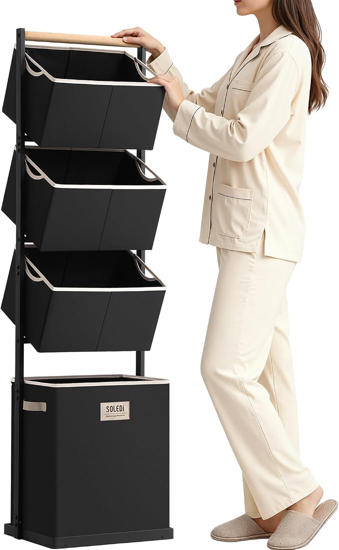 SOLEDI 4 Section Laundry Hamper Sorter, Stackable Laundry Basket Organizer by SOLEDI