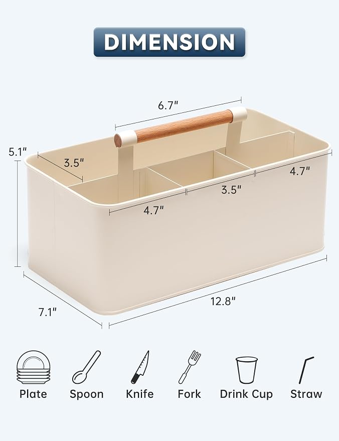 Caddy Organizer with Wooden Handle, Metal Utensil Caddy with 4 Compartments - Image 4