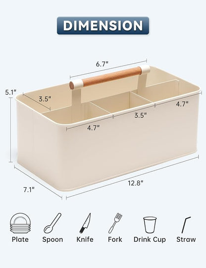 Caddy Organizer with Wooden Handle, Metal Utensil Caddy with 4 Compartments - Image 4