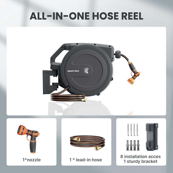 Giraffe Tools AW30 Wall Mounted 1/2" x 100 ft Garden Hose Reel, Retractable - Image 2
