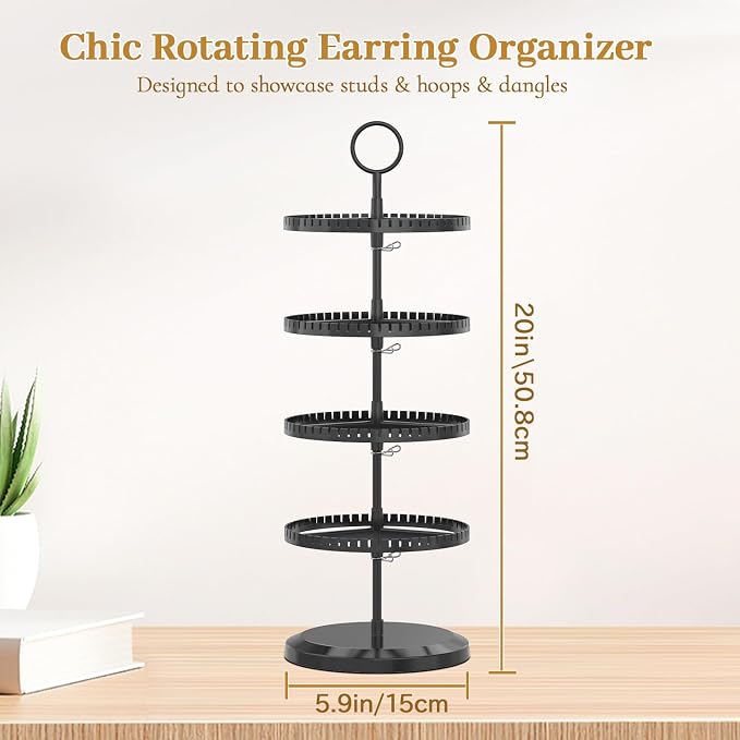 MODOWEY Rotating Earring Holder Organizer Adjustable Display, 4 Tiers Black | - Image 3