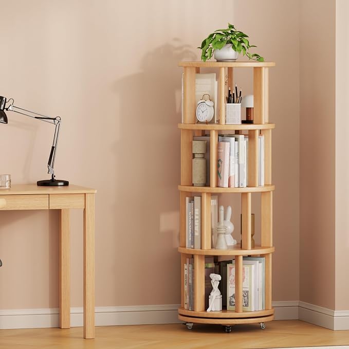 Solid Wood Rotating Bookshelf on Wheels, 4 Tier, Round Revolving Bookcase - Image 9
