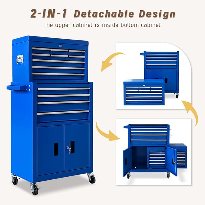13-Drawer Double Doors Handle Rolling Tool Chest, 2 in 1 Detachable Rolling - Image 6