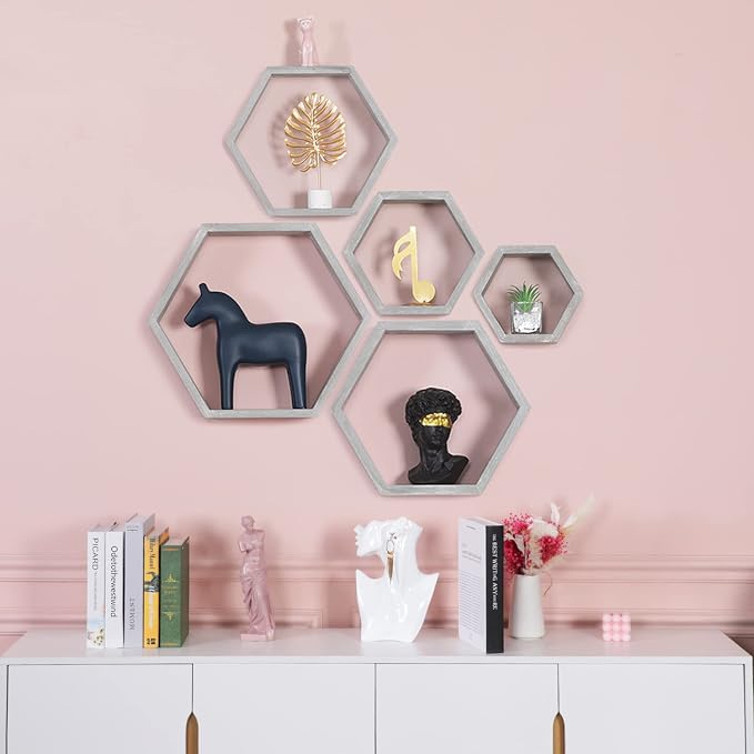 Hexagon Shelves, Floating Wall Shelf, Honeycomb Octagon Cube Shelves Wood | - Image 6